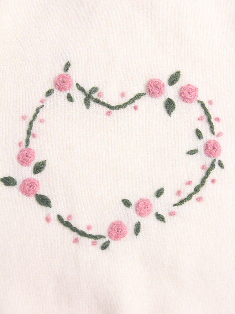 Girls Floral Heart Embroidered Ivory Cashmere Sweater